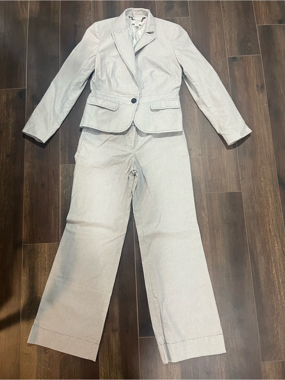LOFT Light Gray Pinstripe Two-Piece Pantsuit - Notched Blazer & Wide Leg Pants